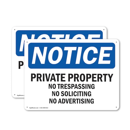 Signmission Private Property No Trespassing No Soliciting OSHA Notice Sign, Aluminum, 10in W x 7in L, 2PK OS-2PACK-NS-A-710-L-17848